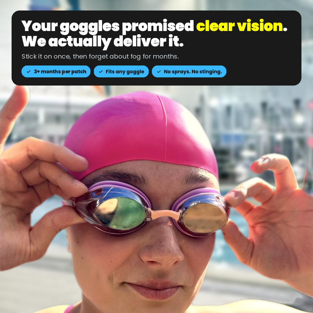 Swimmer at the pool adjusting clear, fog-free swim goggles