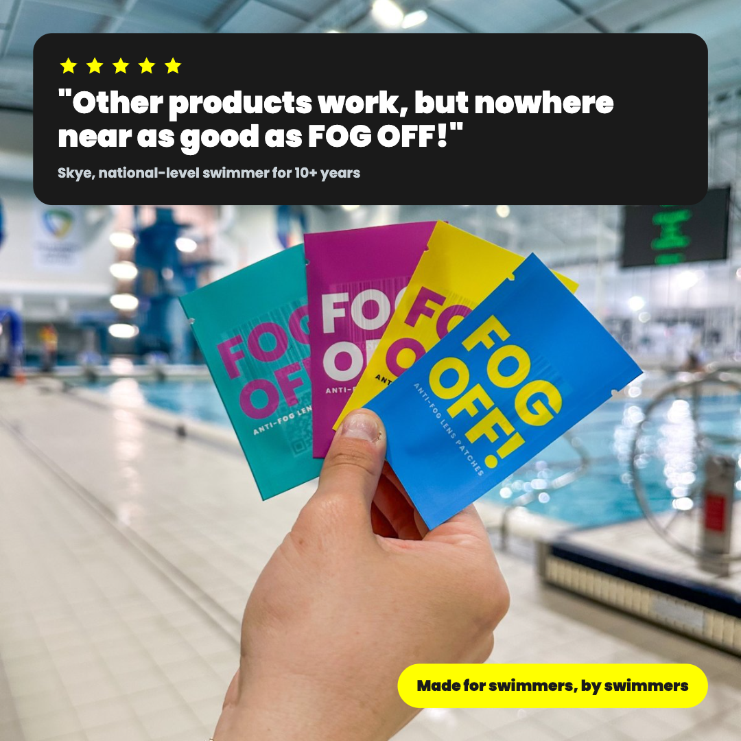 Five-star review from a national-level swimmer holding FOG OFF! packs at the pool